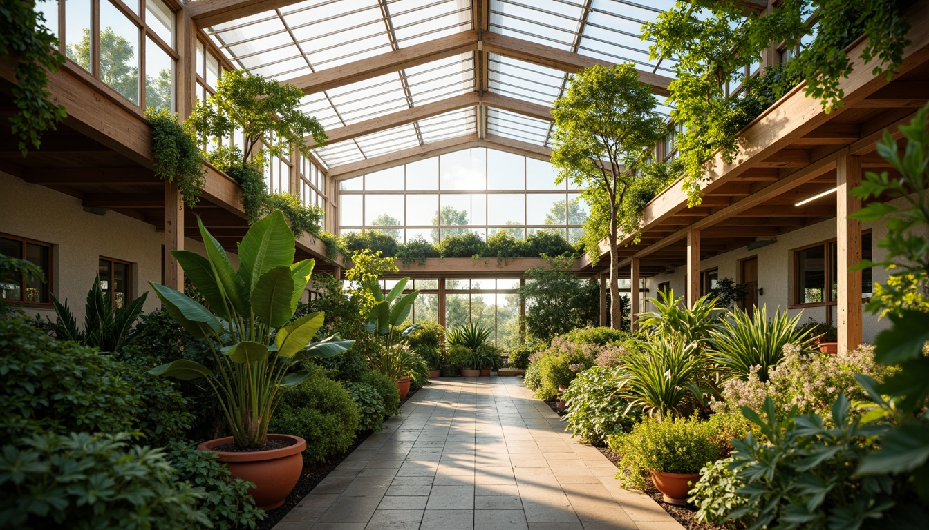 Prompt: Vibrant greenhouse interior, lush tropical plants, warm natural light, earthy terracotta pots, reclaimed wood accents, misting system, humidity control, modern minimalist architecture, glass roof, steel frame structure, automated irrigation, hydroponic systems, verdant living walls, calming pastel colors, soft warm lighting, 1/1 composition, shallow depth of field, realistic plant textures, ambient occlusion.