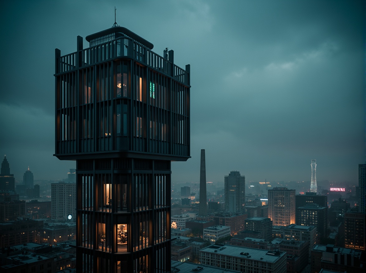 Prompt: Monochromatic watchtower, bold black accents, sleek metallic surfaces, minimalist modernist architecture, towering vertical lines, geometric shapes, urban cityscape, dramatic nighttime lighting, vibrant neon signs, misty atmospheric effects, shallow depth of field, 1/1 composition, cinematic angles, high-contrast color grading, gritty concrete textures, industrial materials, avant-garde design elements.