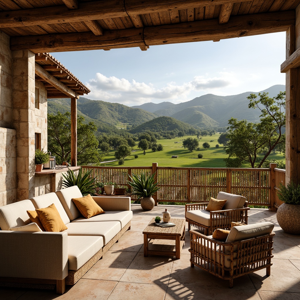 Prompt: Rustic rural landscape, rolling hills, lush green pastures, traditional farmhouses, natural stone walls, wooden beam structures, earthy terracotta roofs, reclaimed wood accents, woven bamboo fences, rattan furniture, jute textiles, earth-toned color palette, soft warm lighting, shallow depth of field, 1/1 composition, panoramic view, realistic textures, ambient occlusion.