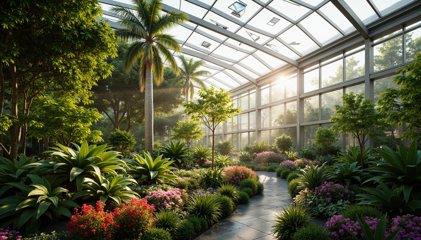 Prompt: Vibrant tropical plants, lush greenery, warm natural light, glass roofs, modern architectural design, curved lines, minimal ornamentation, sleek metal frames, transparent walls, misting systems, humid atmosphere, thriving ecosystems, colorful flowering blooms, soft pastel hues, earthy tones, natural textures, organic shapes, 3/4 composition, shallow depth of field, realistic renderings.