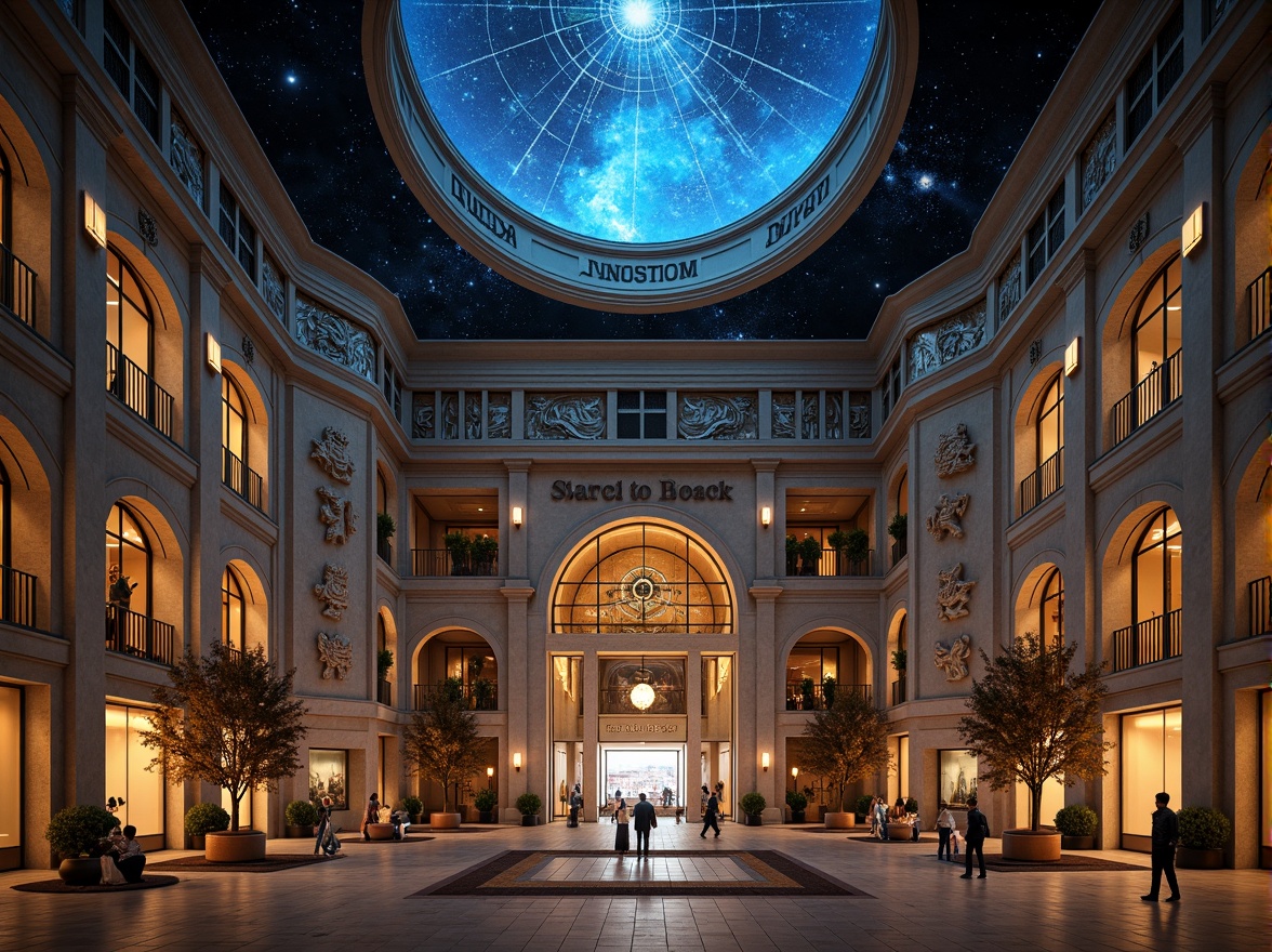 Prompt: Celestial planetarium, classical ornate facade, grandiose entrance, intricate stone carvings, majestic arches, imposing columns, ornamental moldings, astronomical symbols, starry night sky, soft warm lighting, shallow depth of field, 3/4 composition, panoramic view, realistic textures, ambient occlusion, metallic accents, glass domes, curved lines, futuristic details, minimalistic interior, luxurious materials, high-tech exhibits, interactive displays.