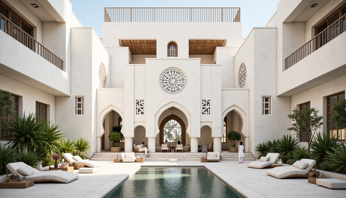 Prompt: Minimalist mosque, sleek white marble, angular lines, geometric patterns, ornate calligraphy, grand arches, vaulted ceilings, slender columns, cantilevered roofs, open courtyards, serene water features, lush greenery, natural stone flooring, abstract stained glass, soft warm lighting, shallow depth of field, 3/4 composition, symmetrical framing, realistic textures, ambient occlusion.