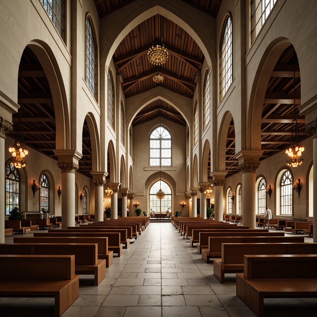 Prompt: Minimalist sacred space, high ceilings, natural stone floors, sleek wooden pews, elegant stained glass windows, subtle ambient lighting, vaulted arches, ornate chandeliers, luxurious velvet drapes, intricate Islamic patterns, geometric motifs, abstract frescoes, spiritual ambiance, soft warm glow, shallow depth of field, 1/2 composition, symmetrical framing, realistic textures, ambient occlusion.