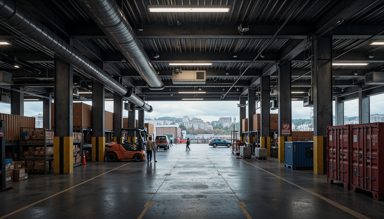 Prompt: Exposed ductwork, metal beams, concrete floors, industrial lighting, functional machinery, storage racks, shipping containers, modern warehouse architecture, urban landscape, cityscape background, cloudy sky, dramatic backlighting, high contrast ratio, 1/2 composition, symmetrical framing, realistic textures, ambient occlusion.