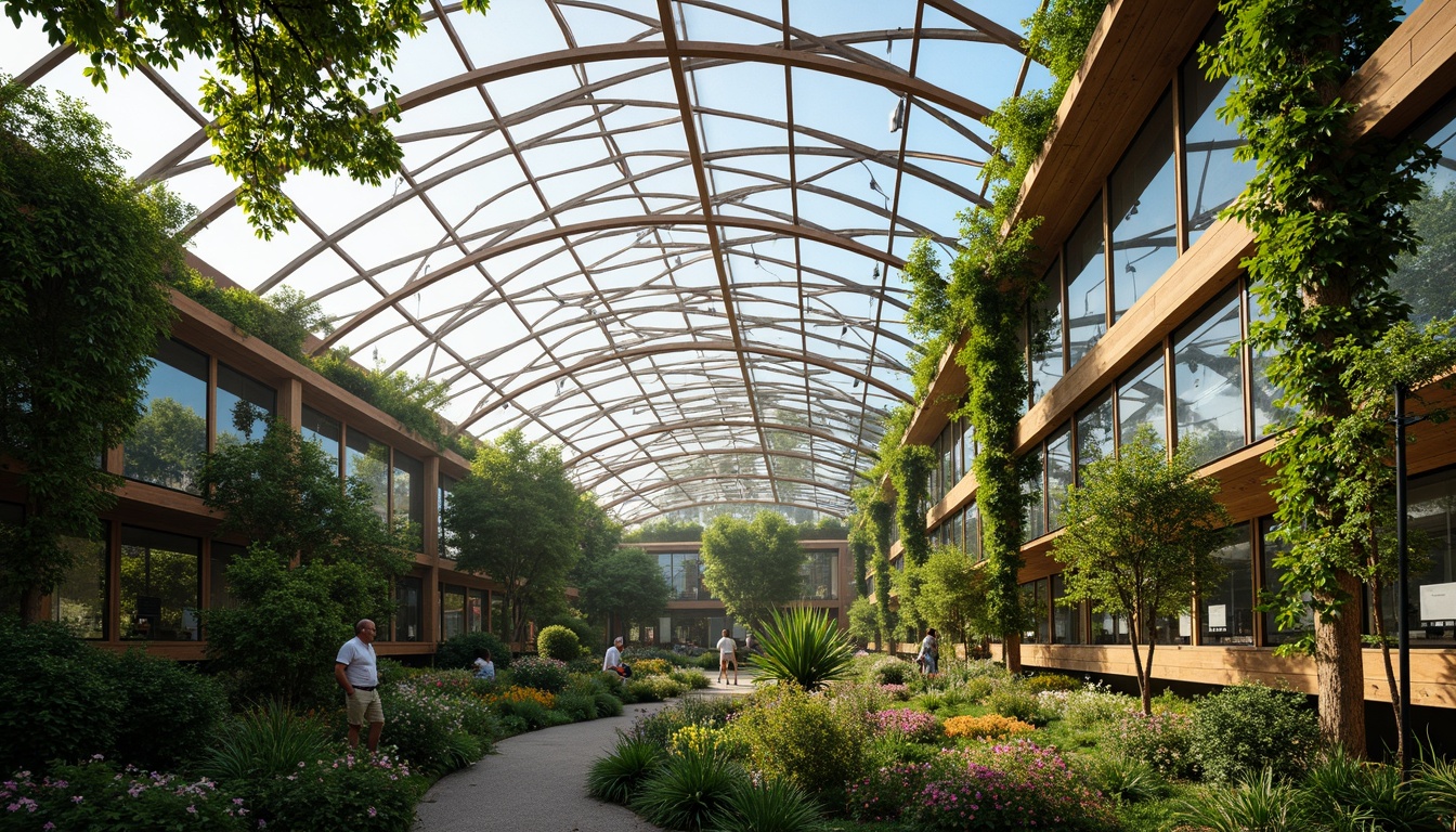 Prompt: Curved glass roof, lush greenery, transparent walls, steel frames, aluminum profiles, wooden beams, natural ventilation, automatic irrigation systems, misting systems, humidification controls, trellis structures, climbing plants, tropical flowers, warm lighting, soft shadows, 3/4 composition, shallow depth of field, panoramic view, realistic textures, ambient occlusion.