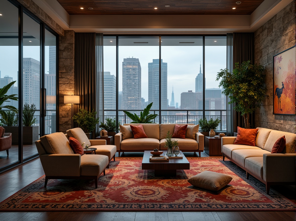 Prompt: Cozy living room, plush furniture, warm lighting, soft cushions, wooden accents, natural textures, earthy colors, intimate atmosphere, comfortable seating, floor-to-ceiling windows, urban cityscape view, modern minimalist decor, sleek lines, geometric patterns, vibrant artwork, colorful rugs, lush greenery, natural stone walls, ambient lighting, shallow depth of field, 1/1 composition, realistic rendering.