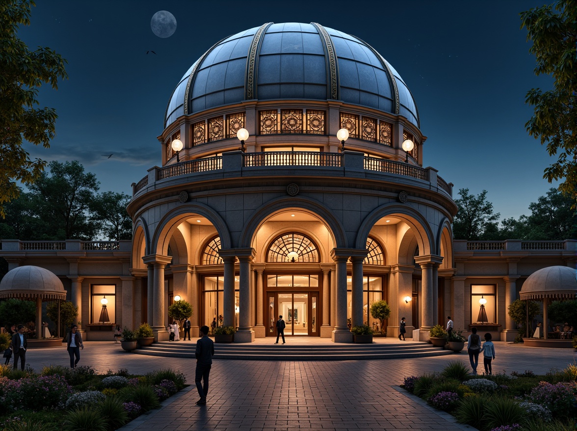 Prompt: Ornate planetarium dome, classicist facade, grand entrance arches, intricate stone carvings, ornamental metalwork, celestial body-inspired patterns, subtle golden accents, majestic columns, symmetrical composition, warm soft lighting, shallow depth of field, 1/1 aspect ratio, realistic textures, ambient occlusion, starry night sky, mystical atmosphere, ancient Greek-inspired architecture, imposing scale, dramatic shadows.