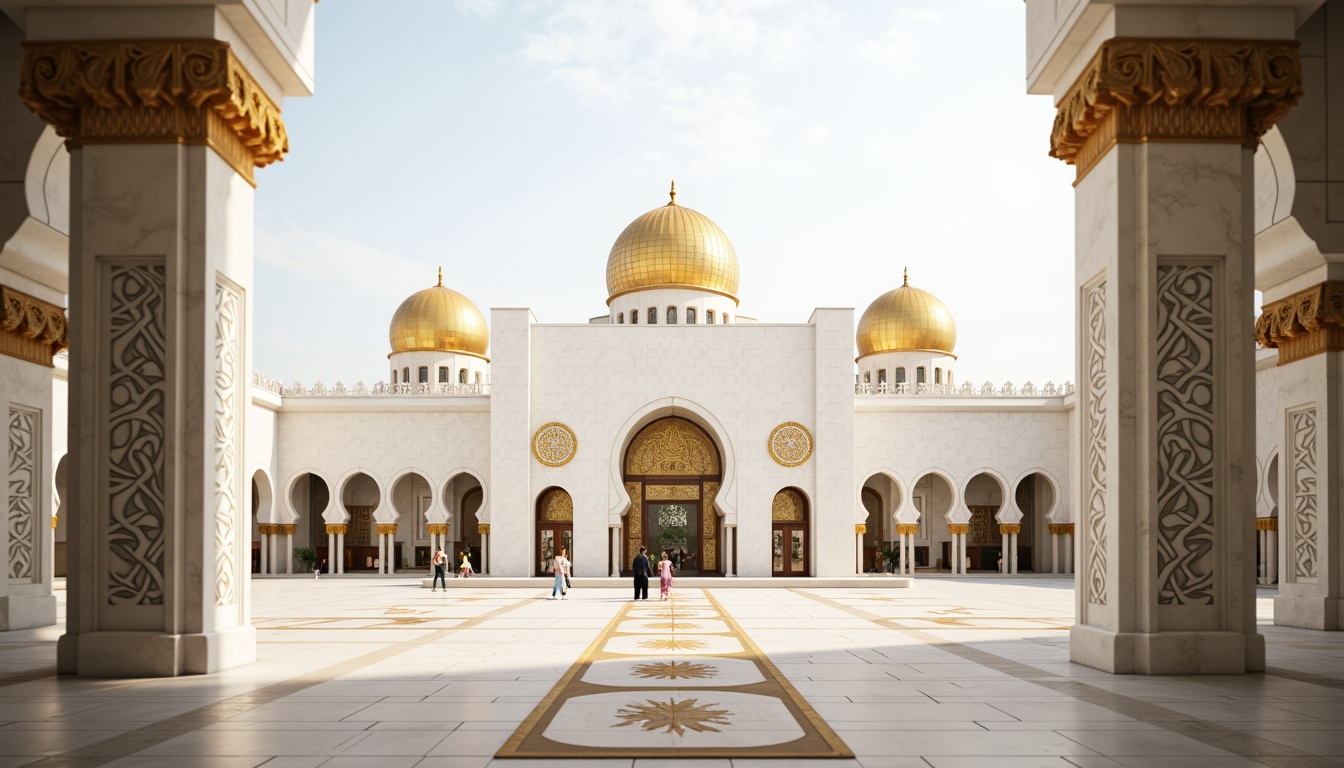 Prompt: Minimalist mosque, white marble fa\u00e7ade, golden domes, slender minarets, geometric patterns, intricate Arabic calligraphy, grand entrance archways, ornate metal doors, stained glass windows, natural stone flooring, solemn ambiance, soft warm lighting, shallow depth of field, 1/1 composition, symmetrical framing, realistic textures, ambient occlusion.