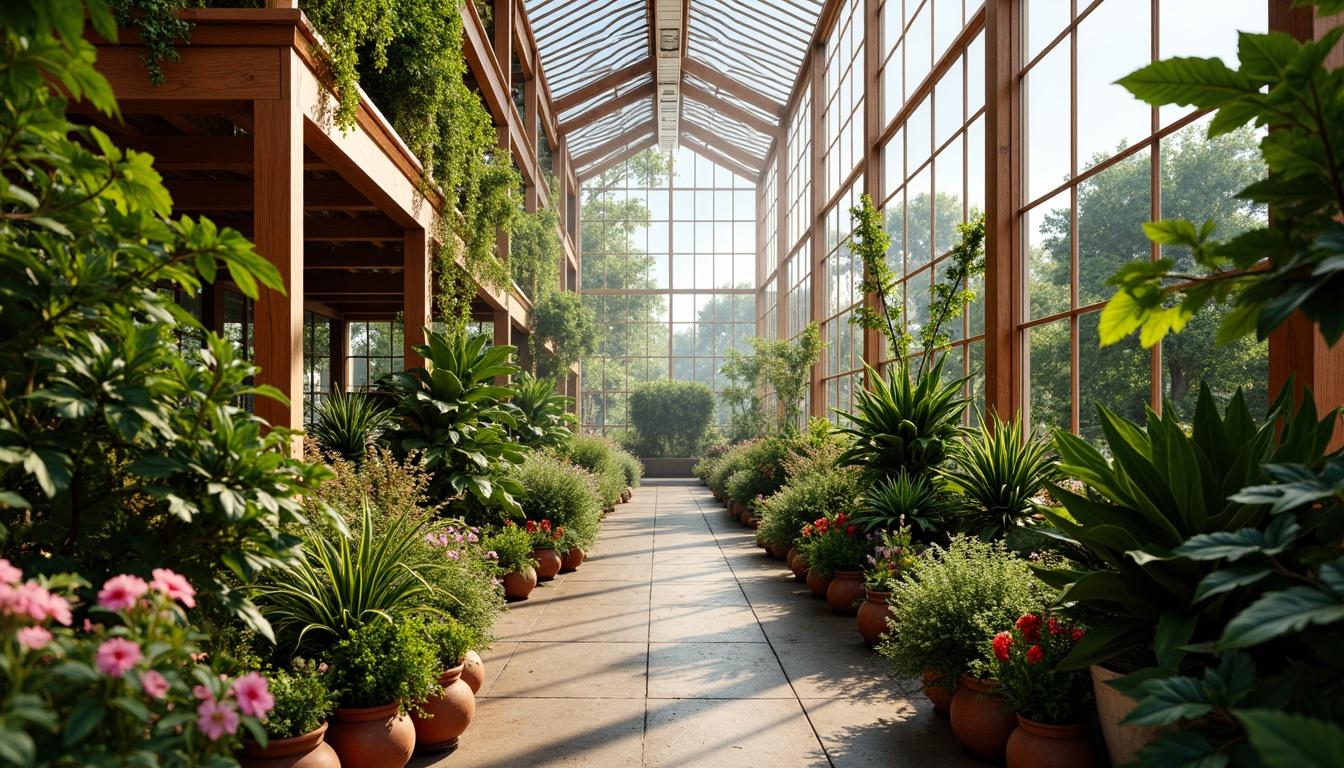 Prompt: Vibrant botanical greenhouse, lush foliage, warm natural light, earthy terracotta pots, wooden trellises, misting systems, humid tropical atmosphere, soft diffused lighting, 1/1 composition, intimate close-ups, realistic plant textures, ambient occlusion; bright accent colors, pop of coral pink, sunny yellow, lime green, calming blue undertones, natural stone pathways, reclaimed wood accents, living walls, vertical gardens, hydroponic systems, futuristic irrigation networks.