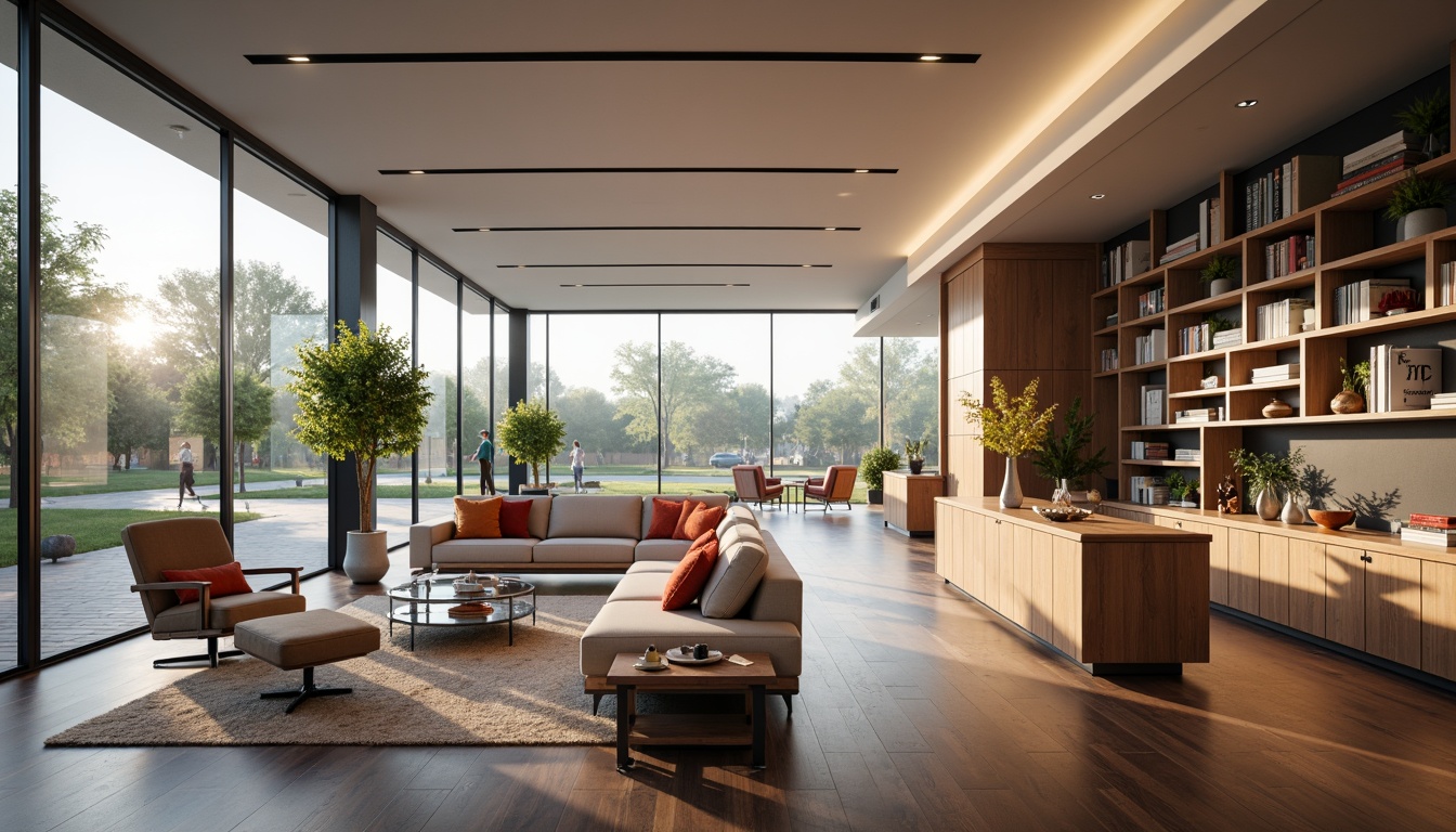 Prompt: Modern living room, spacious open layout, sleek minimalist furniture, ergonomic seating, ample natural light, large windows, sliding glass doors, polished wooden floors, soft warm lighting, cozy textiles, functional shelving units, hidden storage compartments, smart home automation systems, comfortable reading nooks, vibrant colorful accents, 1/1 composition, shallow depth of field, realistic textures.