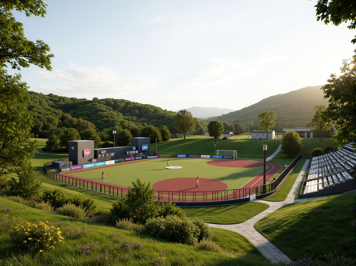 Prompt: Lush green grass, rolling hills, sports equipment storage, athletic track, soccer goals, baseball diamond, tennis courts, basketball hoops, volleyball nets, bleacher seating, scoreboard displays, natural stone pathways, metal fencing, modern LED lighting, sunny day, soft warm atmosphere, shallow depth of field, 3/4 composition, panoramic view, realistic textures, ambient occlusion.