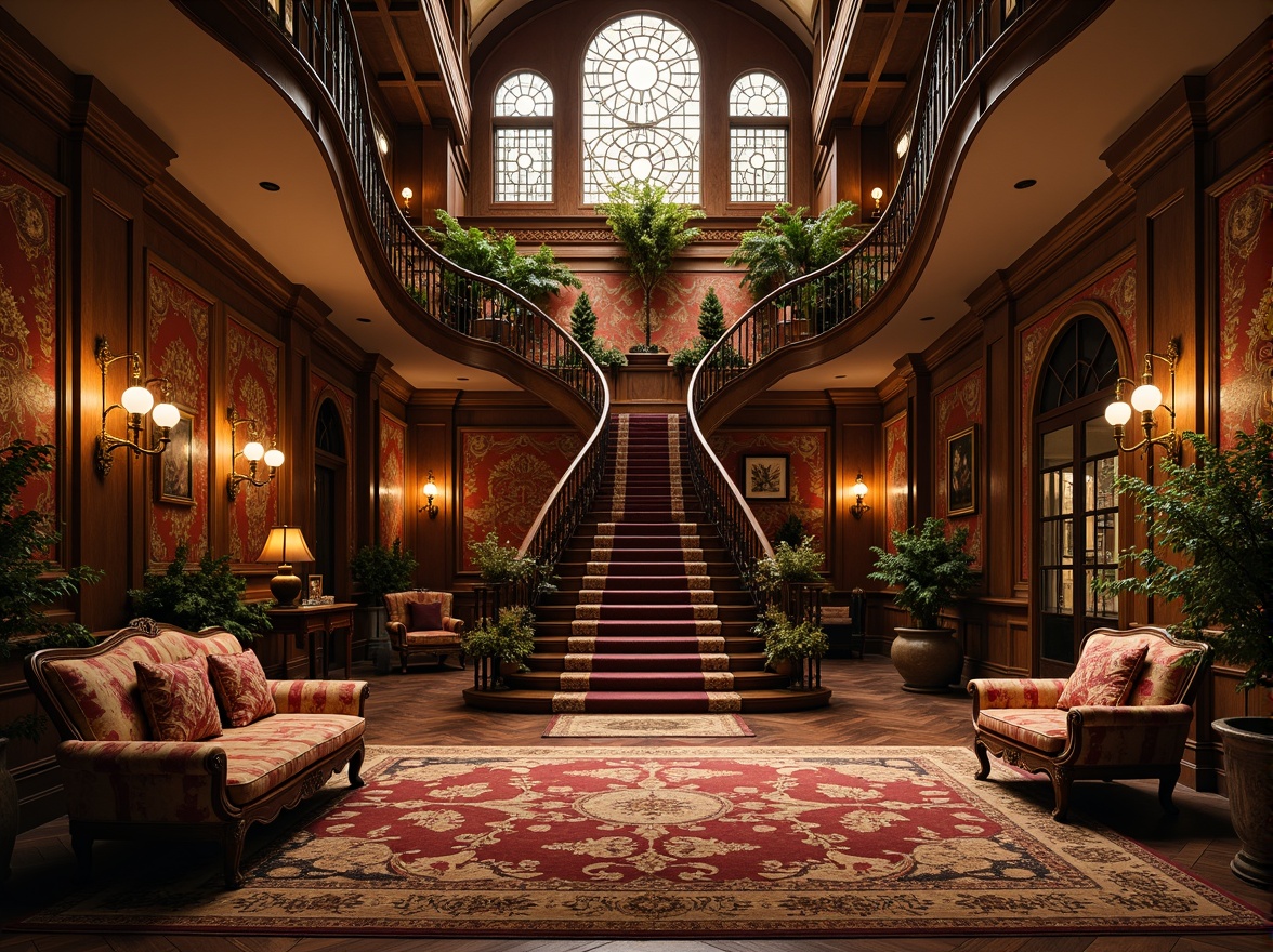 Prompt: Opulent Art Nouveau mansion, grand staircase, sinuous iron railings, ornate furnishings, velvet drapes, intricately patterned rugs, flowing organic lines, botanical motifs, whiplash curves, luxurious textiles, jewel-toned colors, gilded accents, ornamental mirrors, ambient warm lighting, soft focus, shallow depth of field, 1/1 composition, symmetrical balance, richly textured surfaces, realistic reflections, dramatic shadows.