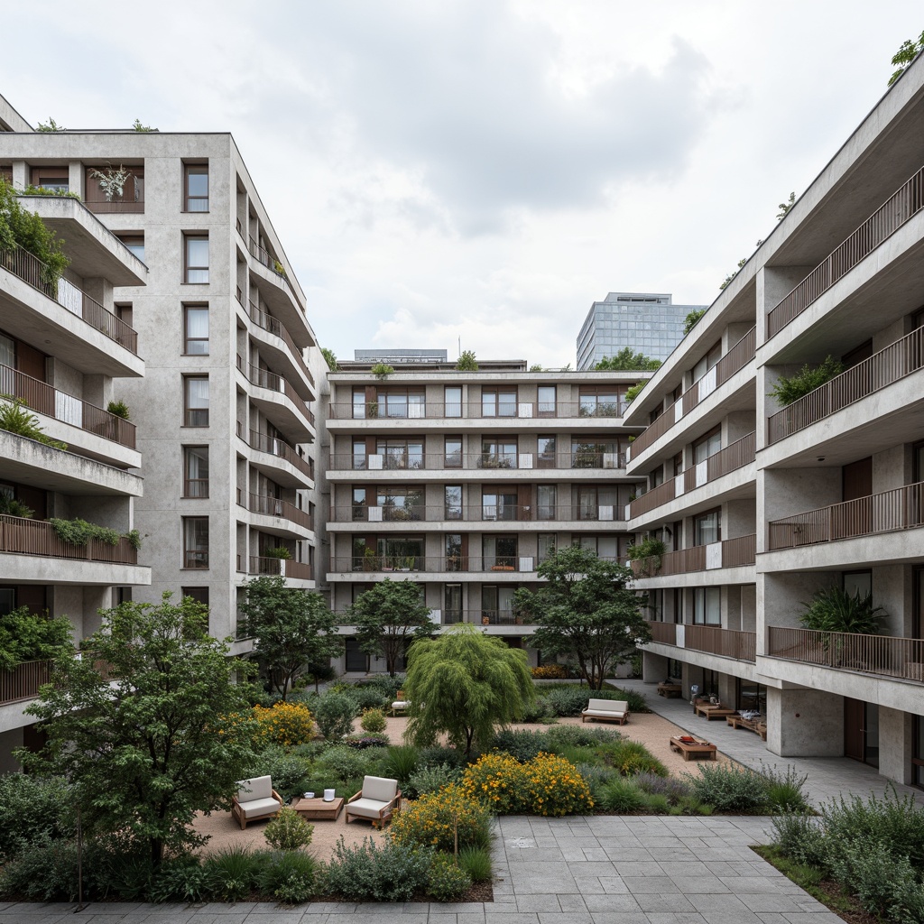 Prompt: Modern courthouse, social housing complex, brutalist architecture, raw concrete facades, minimalist design, rectangular forms, cantilevered balconies, metal railings, green roofs, solar panels, communal gardens, outdoor seating areas, vibrant street art, urban landscape, cloudy sky, soft natural lighting, shallow depth of field, 1/2 composition, realistic textures, ambient occlusion.