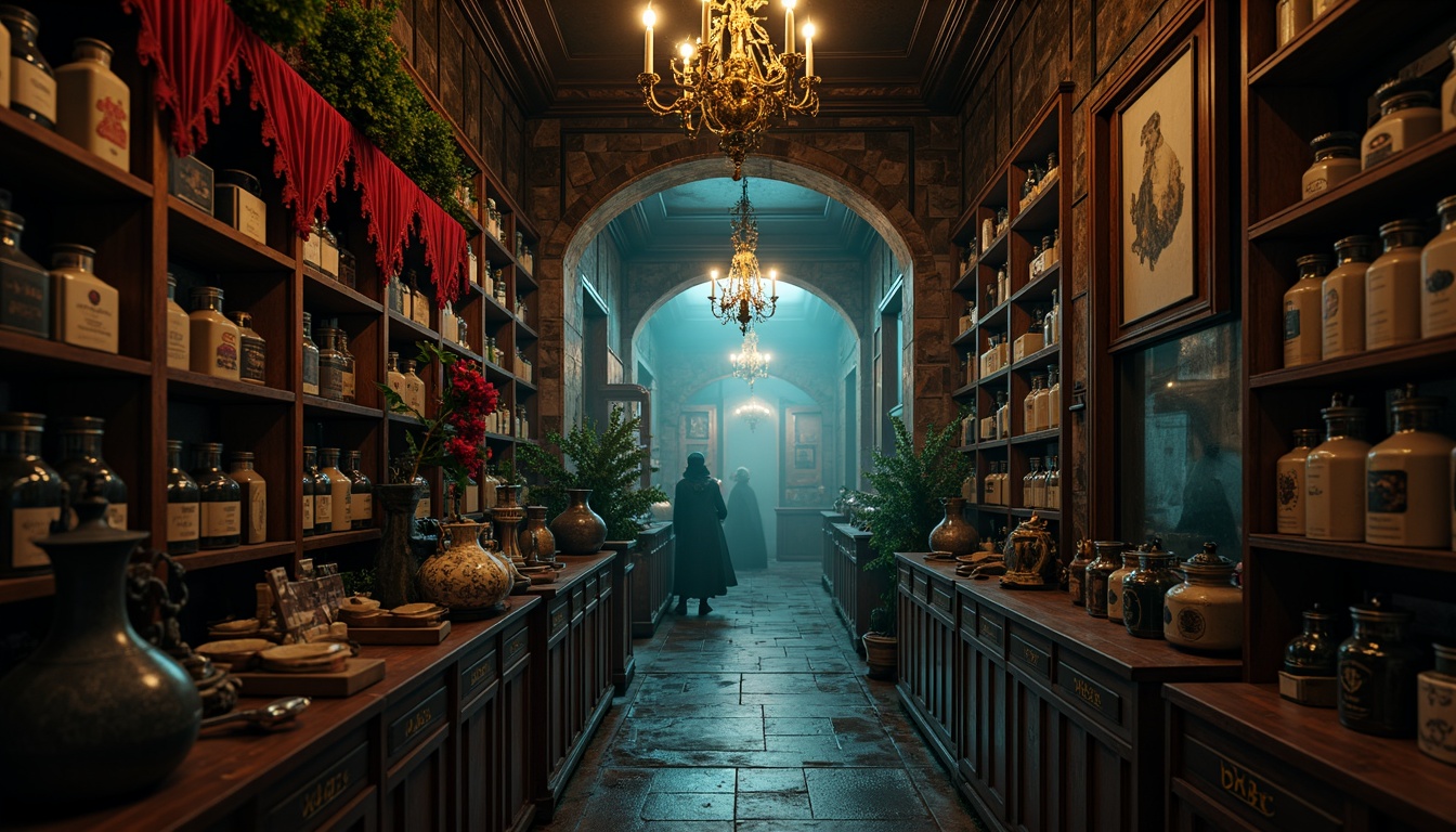 Prompt: Dark mysterious atmosphere, rich jewel tones, deep crimson reds, emerald greens, midnight blues, ornate golden accents, intricate stone carvings, grandiose chandeliers, lavish velvet drapes, distressed wood textures, old-world European architecture, narrow aisles, dimly lit shelves, vintage apothecary jars, antique metal lanterns, mysterious foggy mist, warm candlelight glow, 1/2 composition, shallow depth of field, cinematic lighting.