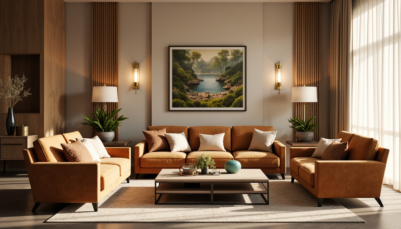 Prompt: Cozy living room, warm beige walls, rich wood furniture, plush velvet sofas, golden lighting fixtures, soft cream-colored curtains, natural stone flooring, earthy tone accents, vibrant turquoise decorative pieces, modern minimalist decor, sleek metal frames, matte black hardware, warm ambient lighting, shallow depth of field, 1/1 composition, realistic textures.