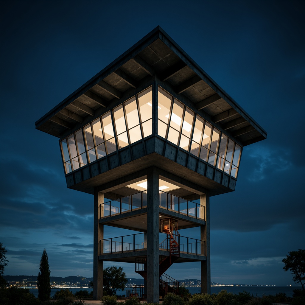 Prompt: Sleek watchtower, modernist architecture, angular lines, minimalist design, industrial metal beams, exposed concrete structures, geometric shapes, cantilevered roofs, floor-to-ceiling windows, transparent glass railings, rusted steel accents, brutalist textures, atmospheric misting systems, dramatic nighttime lighting, cinematic shallow depth of field, 1/2 composition, symmetrical framing, low-angle shot, high-contrast color grading.