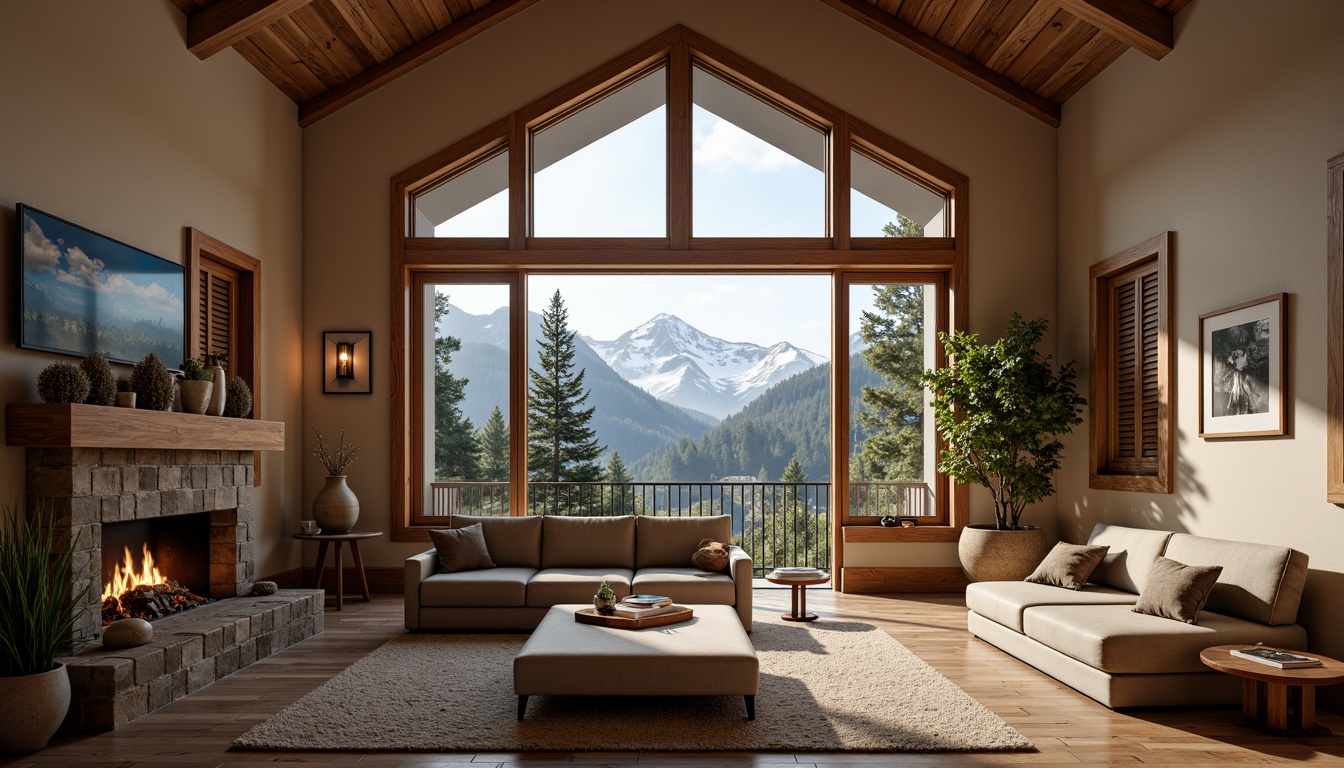 Prompt: Mountainous student halls, earthy color palette, warm beige walls, rustic wood accents, natural stone floors, cozy fireplaces, plush furnishings, snow-capped mountain views, misty morning atmosphere, soft diffused lighting, 1/2 composition, realistic textures, ambient occlusion, wooden shutters, metal railings, pinecone decorations, warm golden lighting, comfortable study nooks, communal kitchenettes, scenic hiking trails, surrounding evergreen forests.