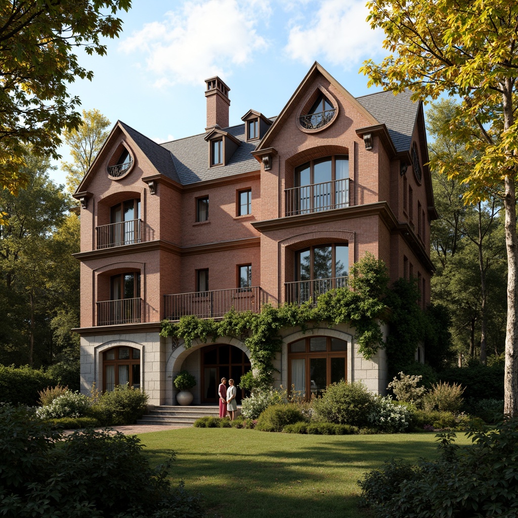 Prompt: Grand stone mansion, rustic brick facade, ornate stonework details, ivy-covered walls, limestone columns, arched windows, wooden shutters, slate roof tiles, intricate chimneys, lush greenery surroundings, serene forest backdrop, warm golden lighting, soft focus effect, 1/2 composition, atmospheric perspective, realistic textures, subtle ambient occlusion.