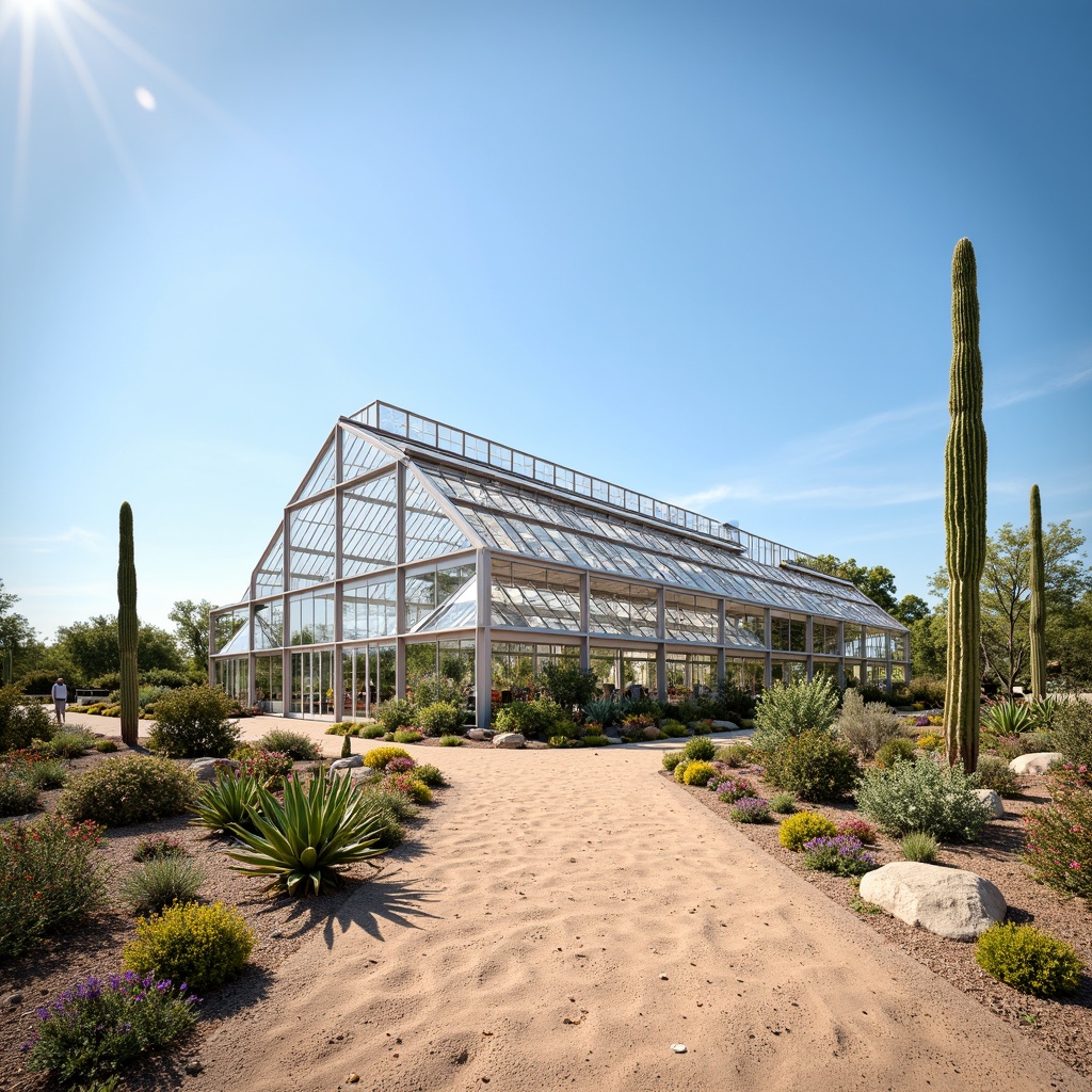 Prompt: Desert greenhouse, arid landscape, cactus plants, hot sunny day, clear blue sky, vast open space, modern futuristic architecture, sleek metal frames, reflective glass surfaces, angular lines, minimalist design, advanced ventilation systems, evaporative cooling technologies, misting systems, fogging systems, shading devices, thermal mass materials, high-performance insulation, double-glazed windows, automated climate control, precision irrigation systems, hydroponic farming, sustainable agriculture practices, tropical plant species, exotic flowers, vibrant colorful blooms.