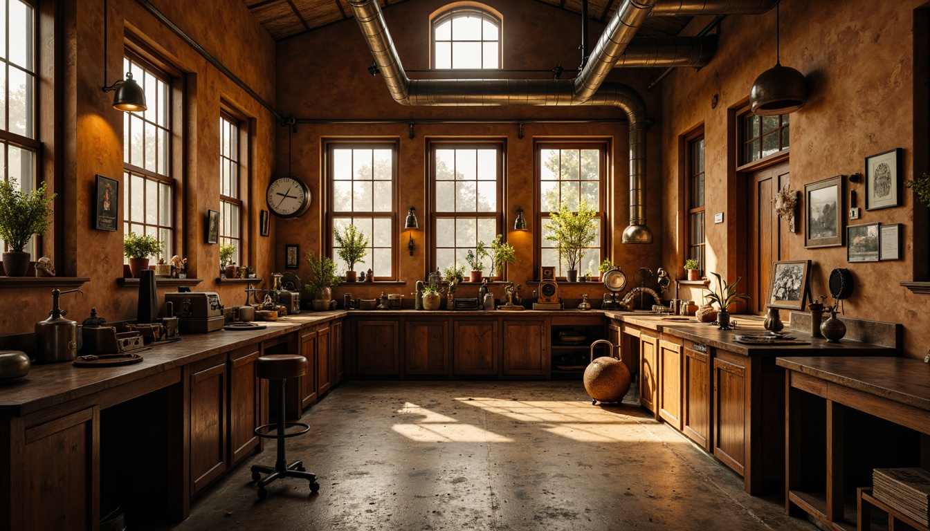 Prompt: Rustic laboratory interior, ochre hues, weathered concrete walls, exposed ductwork, industrial-grade machinery, metallic accents, brutalist architecture, distressed wood textures, vintage scientific equipment, worn leather-bound tomes, dimly lit atmosphere, warm golden lighting, shallow depth of field, 2/3 composition, realistic render, ambient occlusion.