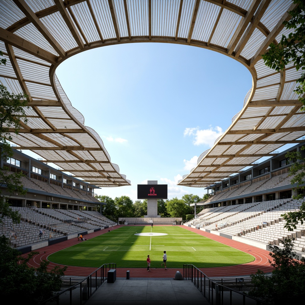 Prompt: \Sleek modern stadium, cantilevered rooflines, exposed steel structures, translucent polycarbonate panels, durable concrete floors, vibrant LED lighting, tiered seating arrangements, lush green turf, athletic tracks, scoreboard displays, natural ventilation systems, sustainable building materials, minimalist design aesthetic, warm sunny day, shallow depth of field, 1/1 composition, realistic textures, ambient occlusion.\