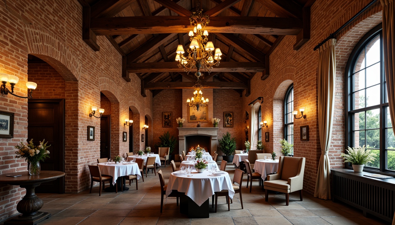 Prompt: Rustic dining hall, exposed brick walls, distressed wooden beams, natural stone flooring, earthy color palette, warm ambient lighting, cozy atmosphere, traditional masonry techniques, hand-laid bricks, ornate stonework, arches and columns, grand chandeliers, formal seating areas, elegant table settings, soft candlelight, shallow depth of field, 1/2 composition, realistic textures, ambient occlusion.