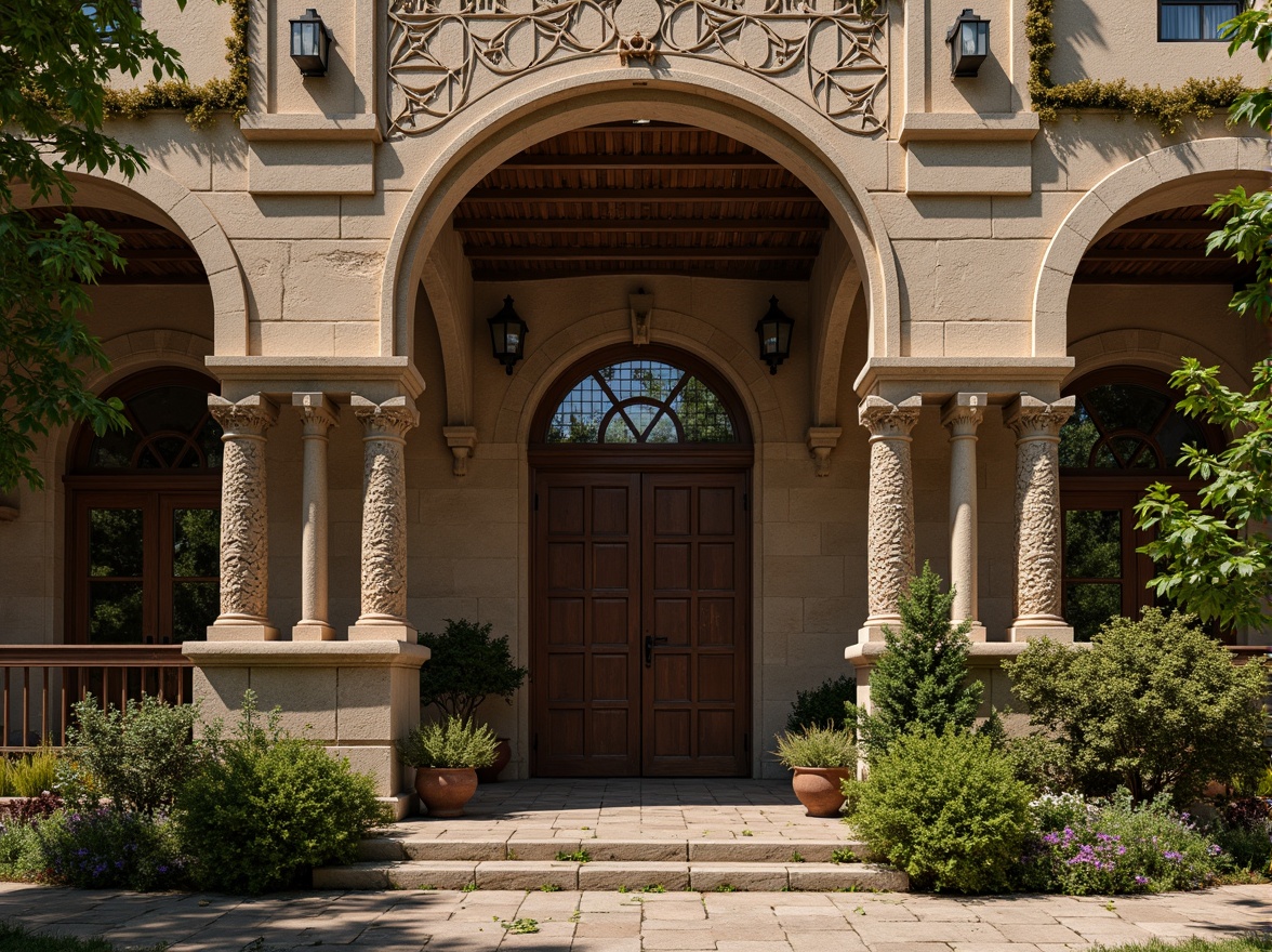 Prompt: Rustic Romanesque building, arched entrance, ornate carvings, weathered stone walls, grandiose columns, intricate vaulted ceilings, stained glass windows, Gothic-inspired doorways, symmetrical facade, earthy color palette, moss-covered stonework, overgrown ivy, warm golden lighting, shallow depth of field, 1/2 composition, realistic textures, ambient occlusion.