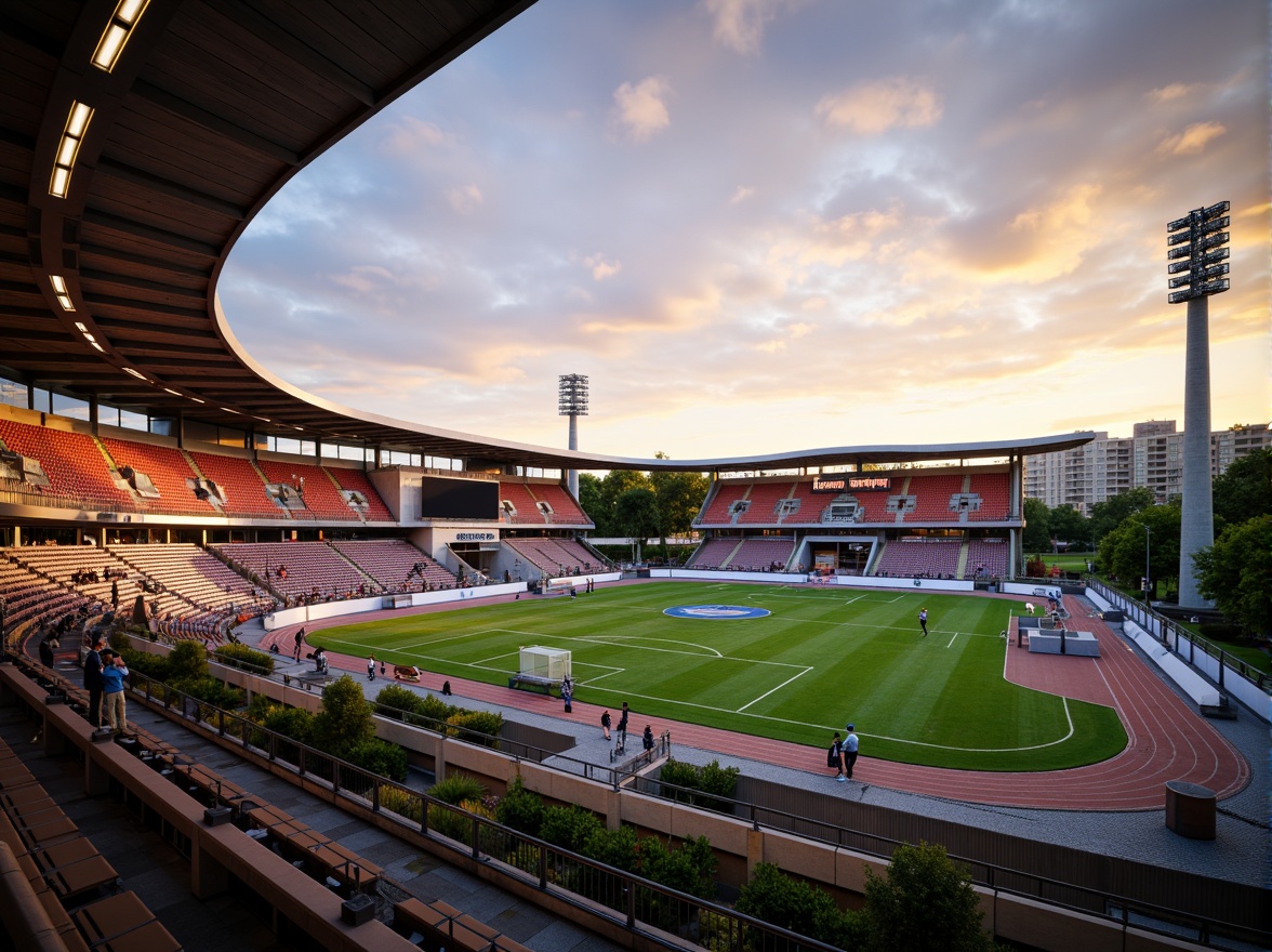 Prompt: Streamlined sports stadium, modernist architecture, curved lines, minimalist design, metallic materials, sleek glass fa\u00e7ade, dynamic LED lighting, futuristic ambiance, open-air seating areas, lush greenery, vibrant color schemes, athletic track, soccer field, basketball court, tennis courts, goalposts, scoreboards, spectator stands, shaded canopy structures, wind-resistant designs, safety railings, durable flooring, evening sunset, warm golden lighting, shallow depth of field, 3/4 composition, realistic textures, ambient occlusion.