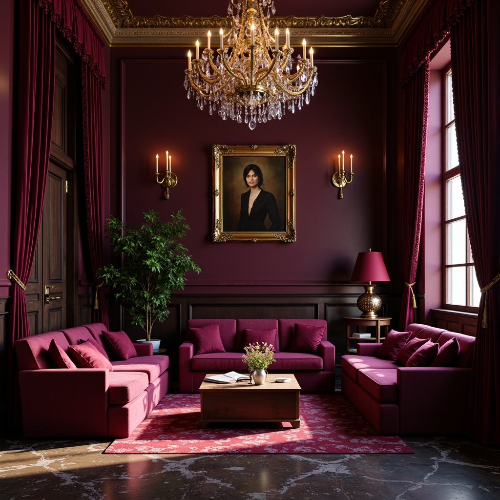 Prompt: Rich plum hues, luxurious velvet fabrics, ornate golden frames, lavish crystal chandeliers, opulent marble floors, warm ambient lighting, dramatic shadows, 3/4 composition, shallow depth of field, soft focus, romantic atmosphere, intimate settings, cozy reading nooks, indulgent textures, mysterious dark wood accents, whimsical floral patterns, delicate lace trimmings.