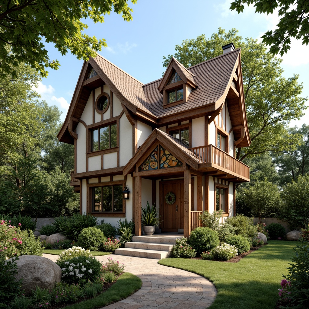 Prompt: Rustic rural cottage, ornate Art Nouveau details, sinuous lines, flowing curves, organic shapes, floral patterns, natural stone walls, wooden accents, steeply pitched roof, decorative trusses, stained glass windows, vibrant colors, whimsical facades, lush greenery, blooming flowers, serene countryside, warm sunlight, soft focus, shallow depth of field, 1/1 composition, intimate atmosphere, realistic textures, ambient occlusion.