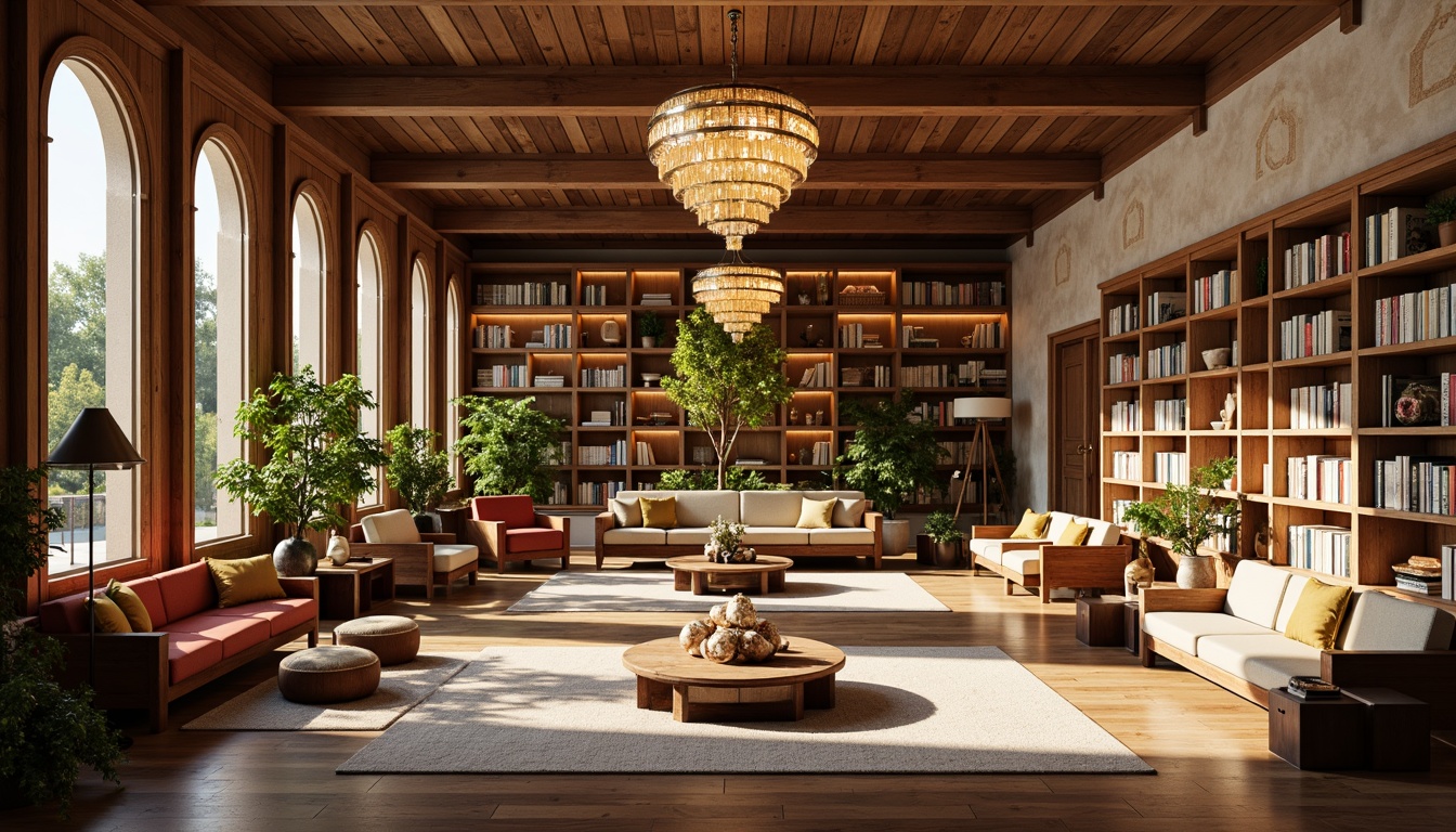 Prompt: Cozy reading nooks, warm wooden shelves, comfortable cushioned chairs, soft golden lighting, elegant chandeliers, rich wood accents, plush area rugs, vibrant book collections, modern minimalist desks, ergonomic study spaces, natural stone walls, floor-to-ceiling windows, abundance of greenery, calming water features, soothing color schemes, inviting corner sofas, rustic wooden tables, decorative arches, tranquil atmosphere, soft background music, warm beige tones, sophisticated interior design.