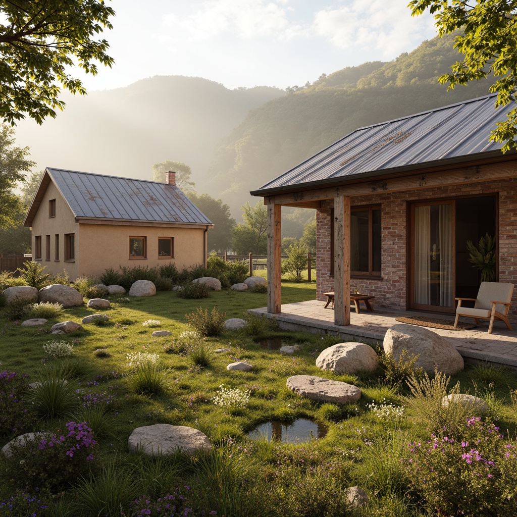 Prompt: Rustic rural landscape, earthy tones, weathered wood accents, muted greenery, natural stone foundations, vintage metal roofing, distressed brick facades, warm beige stucco, soft golden lighting, misty morning atmosphere, serene countryside views, rolling hills, wildflower meadows, wooden fence lines, 1/1 composition, realistic textures, ambient occlusion.