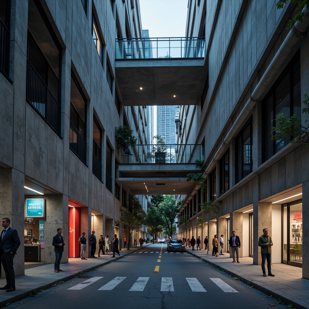 Prompt: Raw concrete facade, brutalist architecture, industrial aesthetic, steel beams, exposed ductwork, functional pipes, urban cityscape, busy street scene, electric vehicle charging points, sleek modern kiosks, neon signage, LED lighting strips, futuristic ambiance, high-contrast dramatic shadows, low-angle heroic composition, cinematic mood, gritty realistic textures.