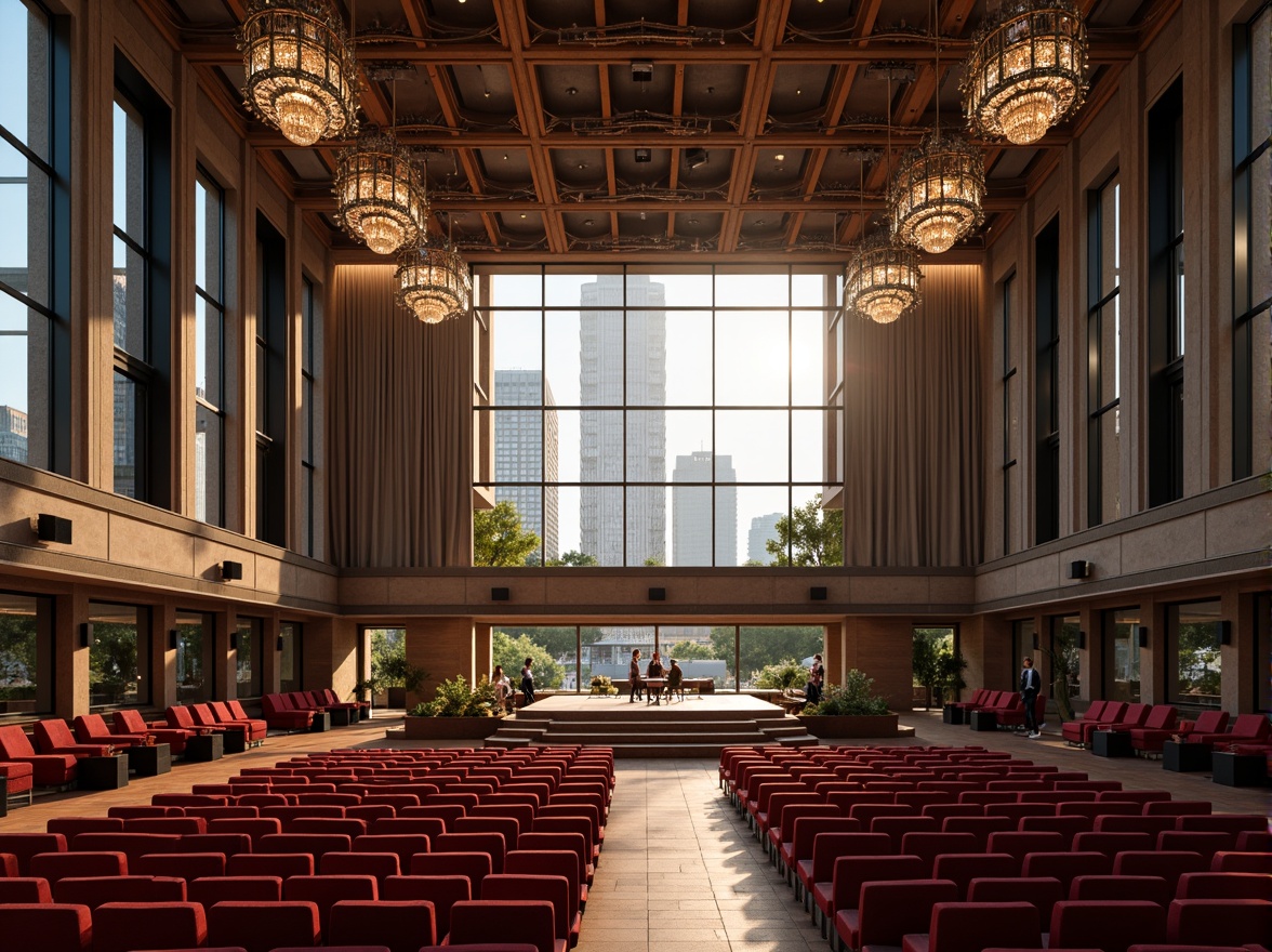 Prompt: Grand concert hall, high ceilings, ornate chandeliers, natural light pouring in, floor-to-ceiling windows, transparent glass walls, urban cityscape views, soft warm lighting, afternoon sunlight, subtle shadows, intricate architectural details, plush red velvet seats, polished wooden floors, minimal ornamentation, modern sleek lines, spacious open interior, diffused overhead lighting, gentle spotlights, dramatic stage lighting, vibrant colorful curtains, rich textiles, luxurious atmosphere, 1/1 composition, realistic reflections, ambient occlusion.