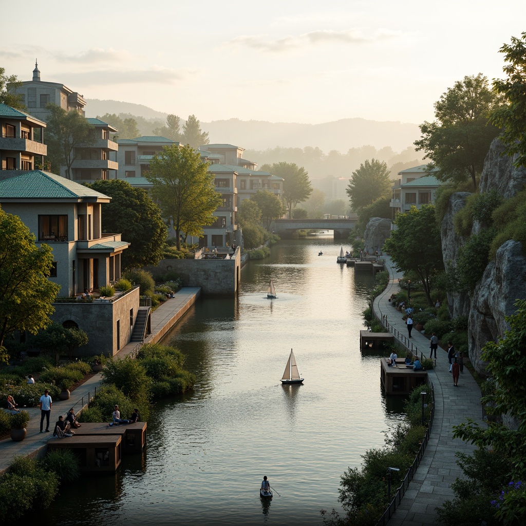 Prompt: Riverbank architecture, curved lines, natural stone walls, green roofs, wooden docks, waterfront promenade, lush vegetation, rippling water, sailboats, misty morning, soft warm lighting, shallow depth of field, 3/4 composition, panoramic view, realistic textures, ambient occlusion.