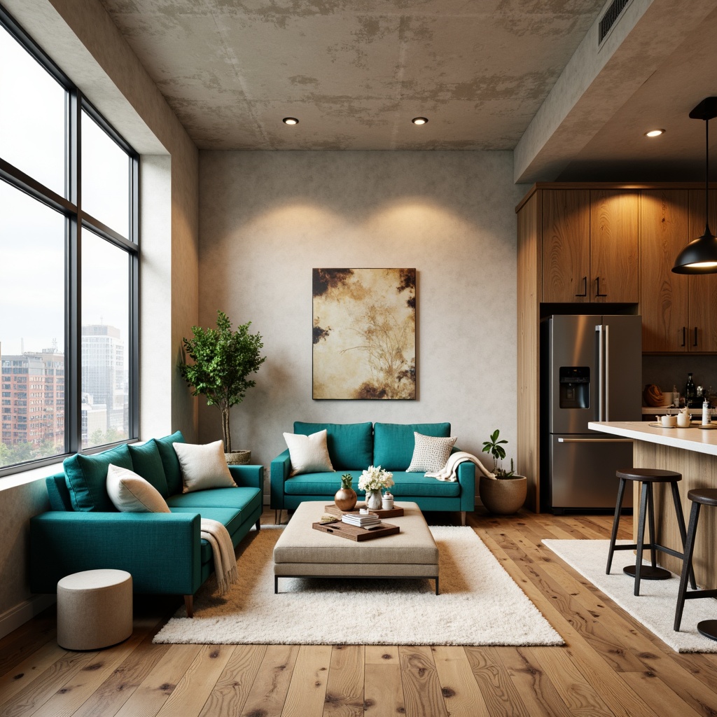 Prompt: Modern apartment interior, neutral beige walls, rich wood flooring, bold accent colors, vibrant turquoise furniture, soft cream textiles, industrial metal fixtures, warm golden lighting, cozy throw blankets, plush area rugs, urban city views, floor-to-ceiling windows, sleek minimalist decor, natural stone countertops, matte black appliances, 1/1 composition, shallow depth of field, realistic textures, ambient occlusion.