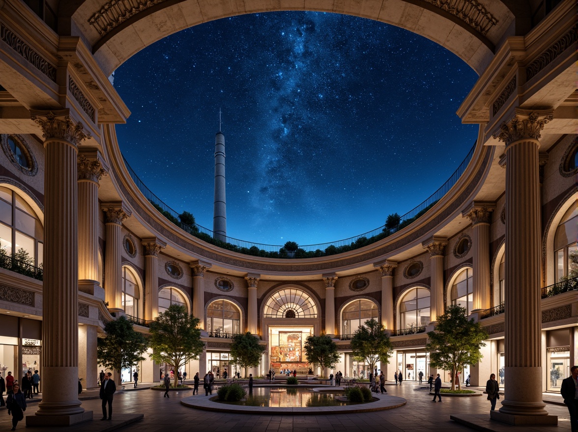 Prompt: Cosmic-inspired planetarium, neoclassical architecture, grand dome structures, ornate columns, intricate stone carvings, celestial body patterns, stardust textures, dark blue night skies, twinkling stars, soft warm lighting, shallow depth of field, 3/4 composition, panoramic view, realistic reflections, ambient occlusion, urban cityscape integration, modern skyscrapers, bustling streets, vibrant city lights, pedestrian walkways, public art installations, green urban spaces, sustainable design principles.