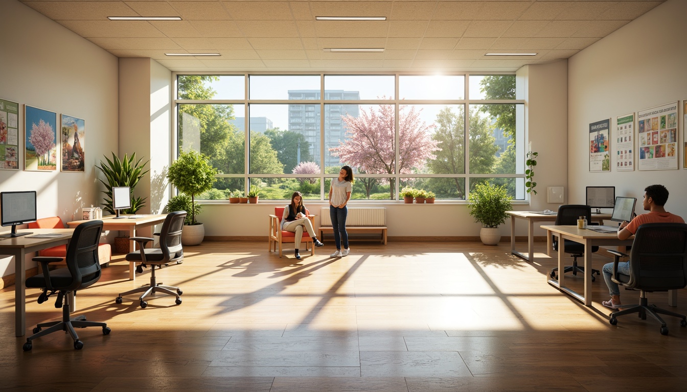 Prompt: Bright classrooms, abundant natural light, large windows, minimal shading devices, polished wooden floors, pastel-colored walls, ergonomic chairs, collaborative workspaces, interactive whiteboards, educational posters, lush greenery, vibrant flowers, blooming plants, sunny day, soft warm lighting, shallow depth of field, 1/1 composition, realistic textures, ambient occlusion.