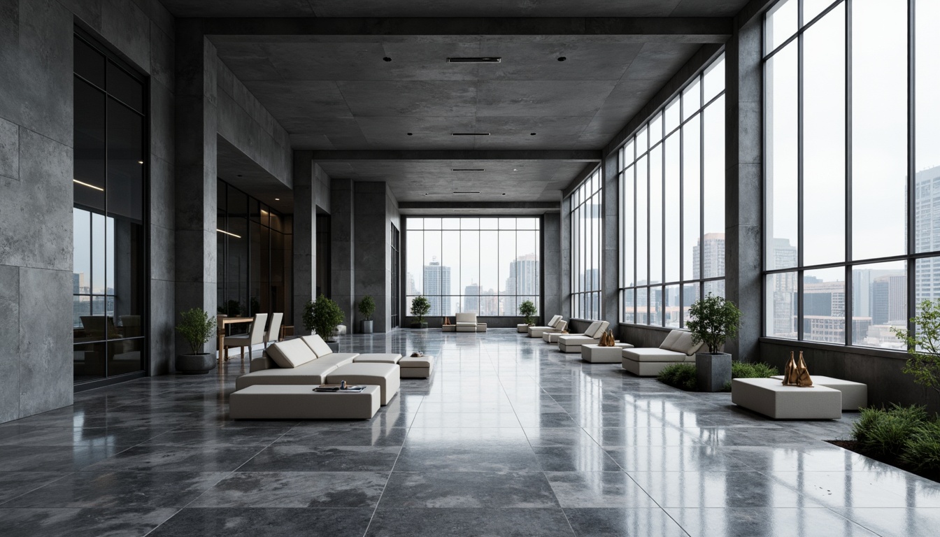 Prompt: Polished marble floors, rough concrete walls, metallic surfaces, reflective glass facades, sleek steel beams, minimalist decorative elements, monochromatic color schemes, geometric patterns, brutalist structures, industrial-chic aesthetic, urban cityscape backdrop, overcast skies, dramatic shadows, high-contrast lighting, cinematic composition, 1/2 camera angle, atmospheric depth of field.