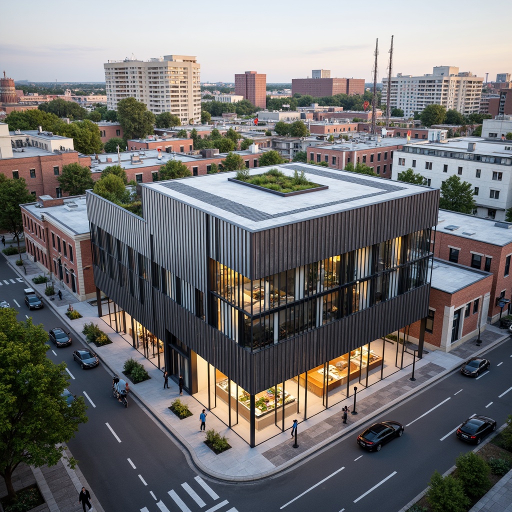 Prompt: Contemporary courthouse building, sleek glass facade, urban landscape, bustling city streets, pedestrian pathways, social housing units, community gardens, green roofs, vibrant street art, eclectic neighborhood vibe, mixed-use development, adaptive reuse, historic preservation, natural stone walls, modern architecture, large windows, transparent atrium, open floor plans, collaborative workspaces, public plaza, civic engagement, soft warm lighting, shallow depth of field, 3/4 composition, panoramic view, realistic textures, ambient occlusion.