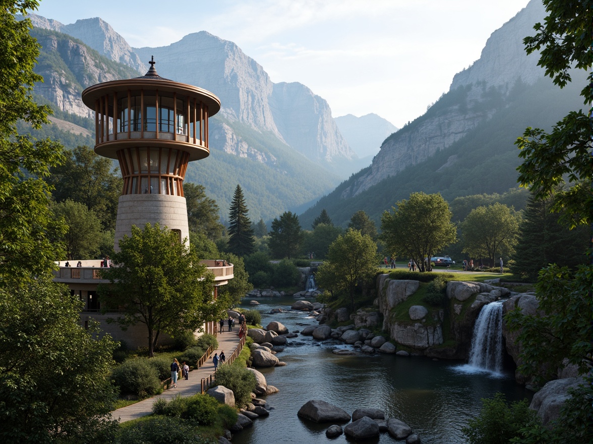 Prompt: Scenic watchtower, rugged mountainous terrain, lush green forests, winding hiking trails, rustic wooden bridges, majestic waterfalls, serene lakeside scenery, panoramic views, natural stone foundations, earthy color palette, organic curves, seamless integration with surroundings, minimal environmental impact, eco-friendly materials, solar-powered illumination, soft warm lighting, 3/4 composition, atmospheric perspective, realistic textures, ambient occlusion.