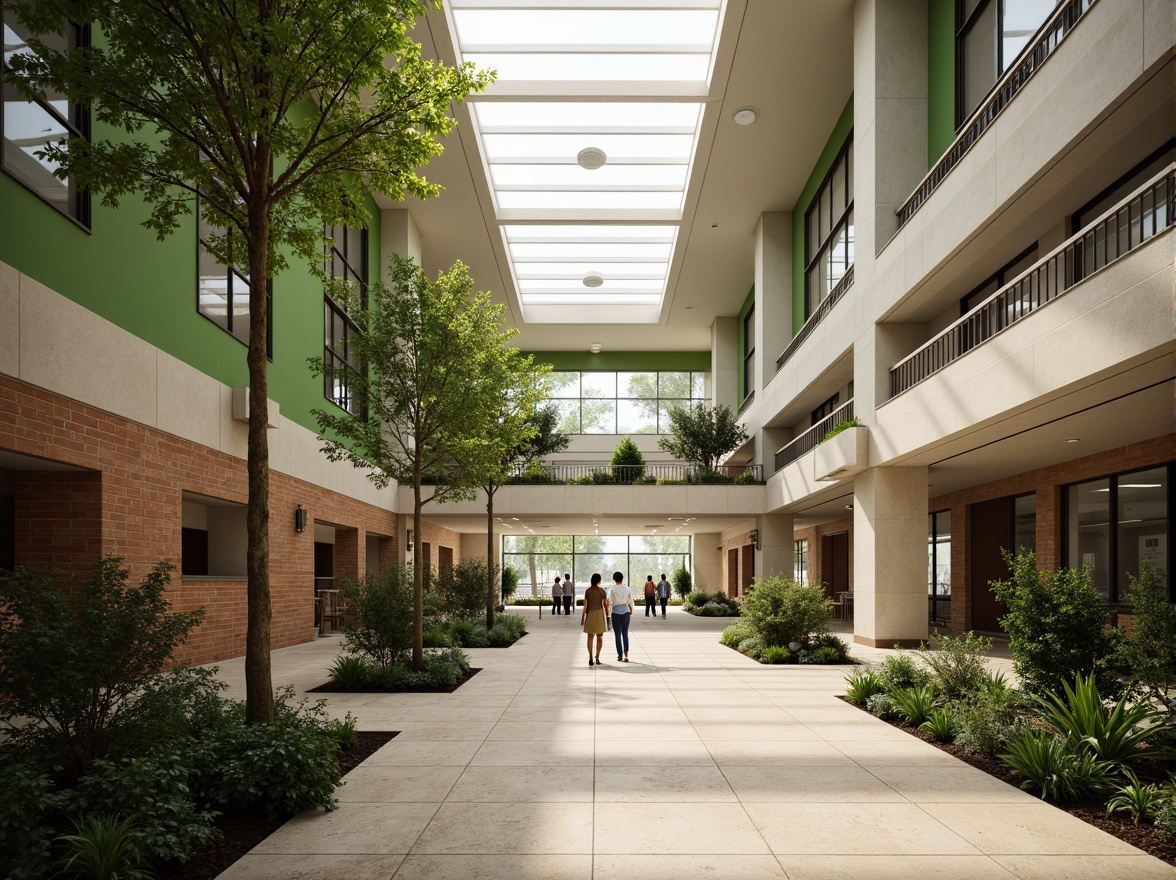 Prompt: Spacious hospital lobby, high ceilings, clerestory windows, natural stone flooring, warm wood accents, green walls, abundant plants, soft diffused lighting, morning sunlight, gentle shadows, 1/1 composition, shallow depth of field, realistic textures, ambient occlusion.