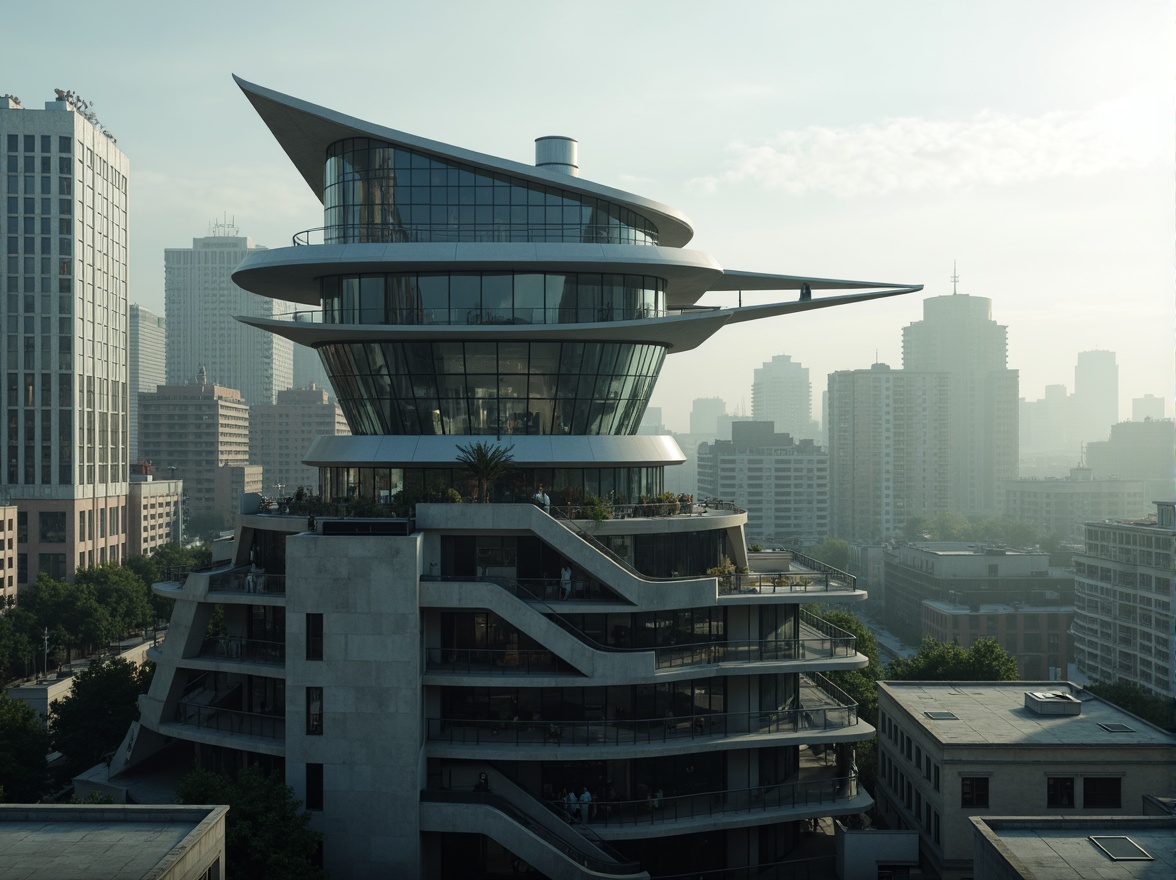 Prompt: Futuristic watchtower, sleek metal structures, angular lines, minimalist design, modernist architecture, cantilevered overhangs, exposed ductwork, industrial materials, steel beams, concrete foundations, geometric shapes, circular staircases, panoramic views, urban cityscape, misty morning atmosphere, dramatic shadows, high contrast lighting, 1/2 composition, cinematic framing, realistic reflections.