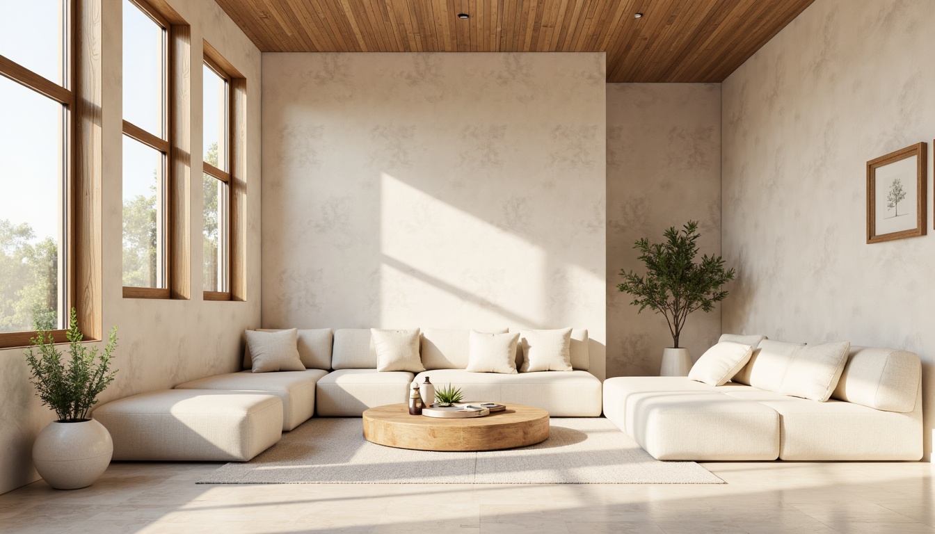 Prompt: Soft pastel hues, calming atmosphere, natural materials, wooden accents, earthy tones, soothing color scheme, gentle gradations, warm beige walls, creamy white furniture, subtle texture overlays, minimal ornamentation, cozy reading nook, floor-to-ceiling windows, abundant natural light, airy feel, 1/1 composition, realistic render, ambient occlusion.