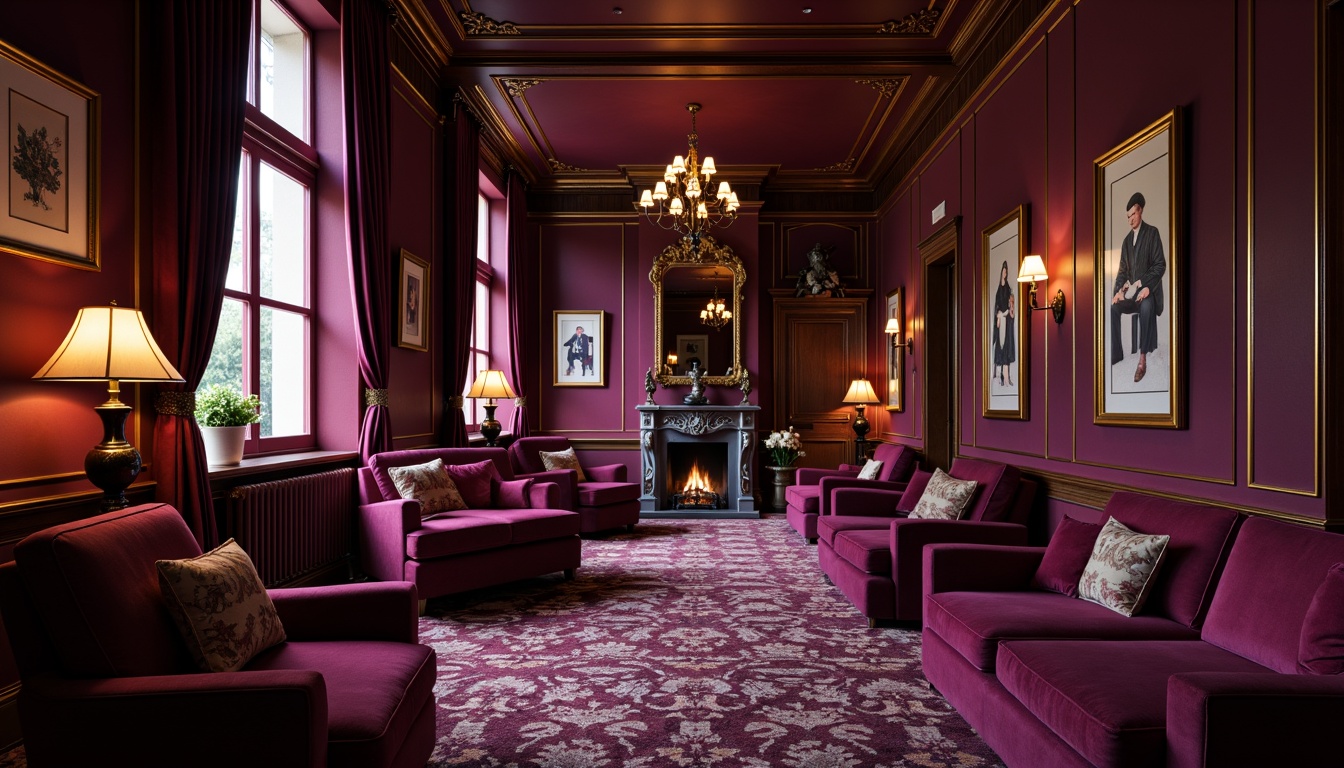 Prompt: Rich plum hues, luxurious velvet fabrics, ornate golden accents, soft warm lighting, intimate atmosphere, cozy reading nooks, lavish furnishings, intricate patterns, bold color blocking, deep berry tones, subtle purple undertones, sophisticated elegance, refined decor, opulent textures, mysterious ambiance, dramatic shadows, 3/4 composition, shallow depth of field, realistic renderings.