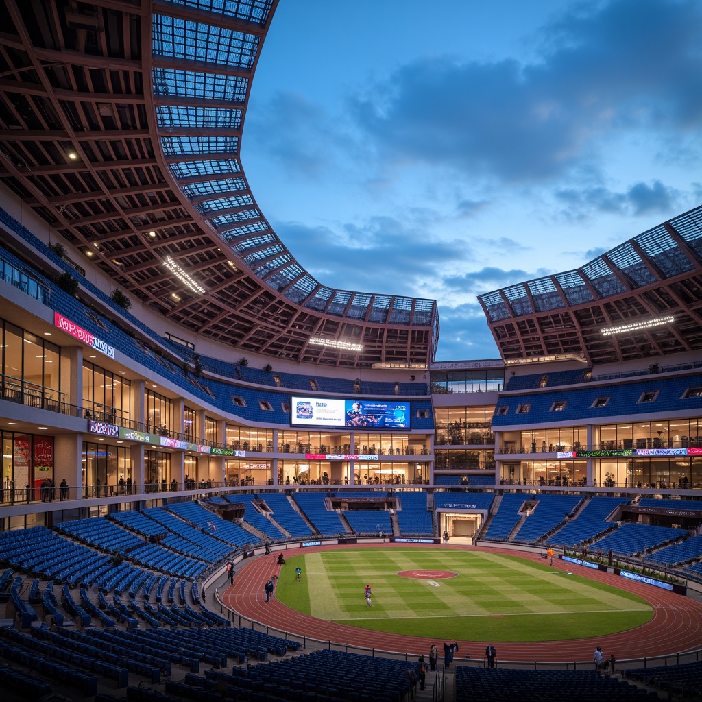 Prompt: Vibrant stadium architecture, fusion style, curved lines, dynamic shapes, cantilevered roofs, exposed steel beams, reinforced concrete columns, grandstand seating, athletic tracks, sports facilities, modern amenities, luxurious suites, VIP lounges, LED scoreboards, transparent glass fa\u00e7ades, metallic mesh cladding, abstract patterned walls, neon light installations, evening ambient lighting, shallow depth of field, 1/2 composition, high-angle shot, realistic reflections, ambient occlusion.