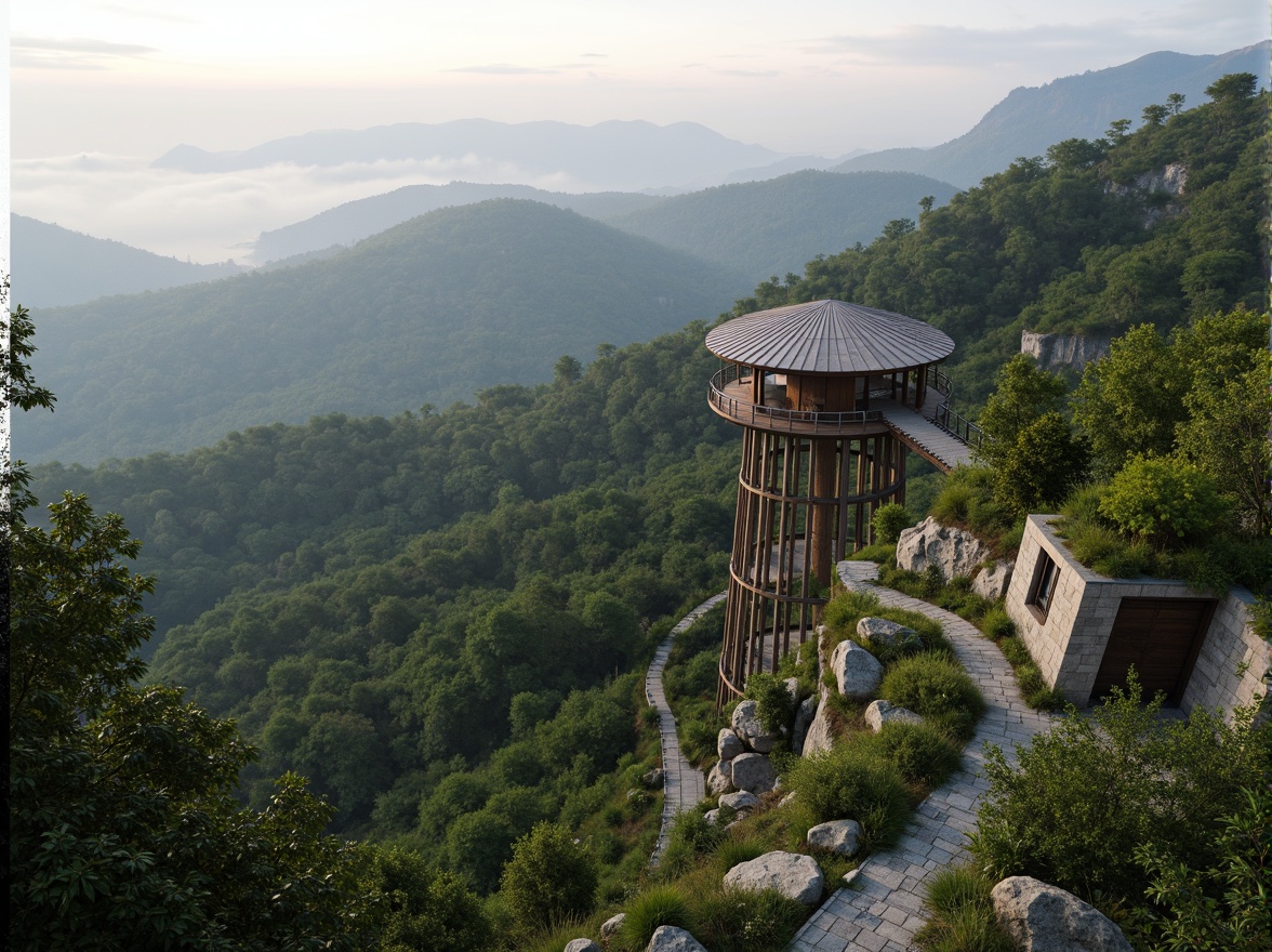 Prompt: Scenic watching tower, harmonious landscape integration, winding stone pathways, lush green roofs, panoramic views, bird's-eye perspectives, rustic wooden accents, natural rock formations, serene forest surroundings, misty mountainside atmosphere, soft warm lighting, 1/2 composition, cinematic camera angles, realistic foliage textures, ambient occlusion.