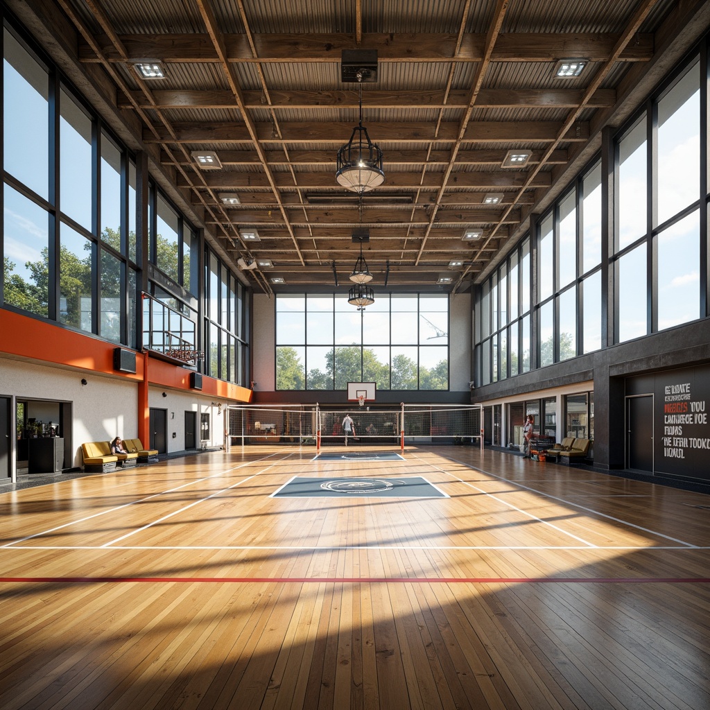 Prompt: Modern gymnasium interior, polished wooden floors, suspended ceilings, retractable bleachers, sports equipment storage, athletic tracks, basketball hoops, volleyball nets, badminton courts, natural light pouring through large windows, softbox lighting, shallow depth of field, 1/2 composition, realistic textures, ambient occlusion, dynamic shadows, athletic atmosphere, lively colors, motivational quotes on walls.