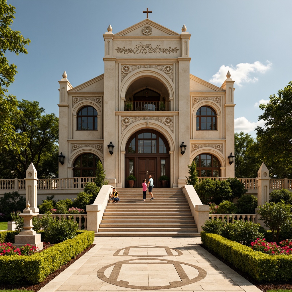 Prompt: Elegant church facade, ornate stone carvings, symmetrical entrance, grand staircases, lush greenery, vibrant flowers, manicured lawns, geometric patterned gardens, angular hedges, decorative fountains, modernist sculptures, Art Deco inspired metalwork, luxurious materials, warm golden lighting, shallow depth of field, 1/1 composition, realistic textures, ambient occlusion.