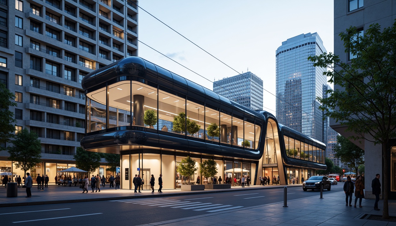 Prompt: Tram station modernism, sleek metal facade, dynamic LED lights, futuristic curves, glass canopies, cantilevered roofs, urban landscape, busy streets, morning commute, soft natural light, shallow depth of field, 1/2 composition, cinematic view, realistic reflections, ambient occlusion, vibrant city colors, bold typography, modernist architecture, industrial materials, exposed ductwork, minimalist design.